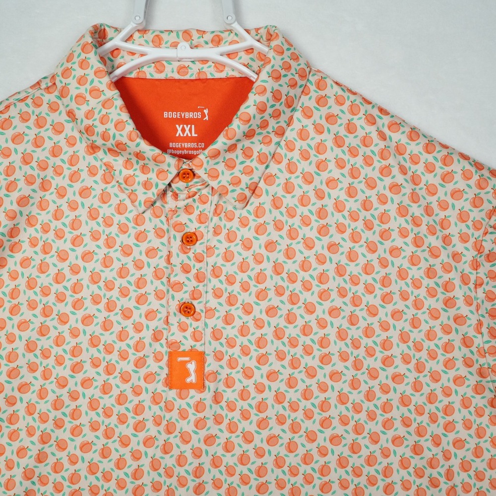Bogey Bros Mens XXL Peach Fruit Print Performance Golf Polo Shirt Orange Cream